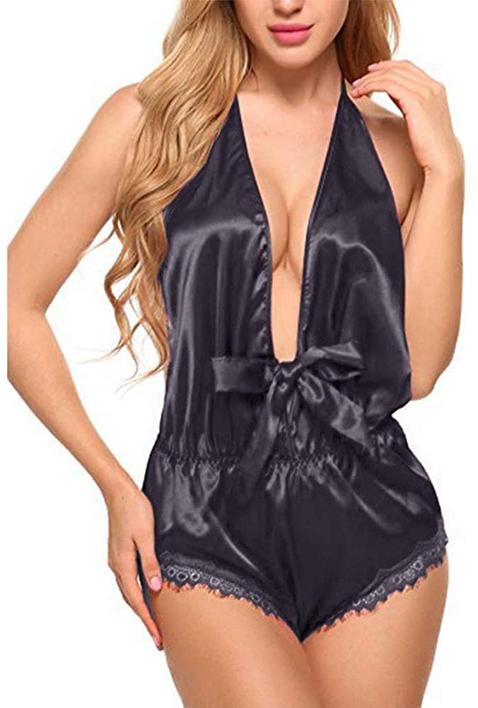 Price:$6.99    Women Lingerie Bodysuit Satin Pajamas Teddy Lace Deep V-Neck Halter One Piece Sleepwear Shorts Romper  Clothing