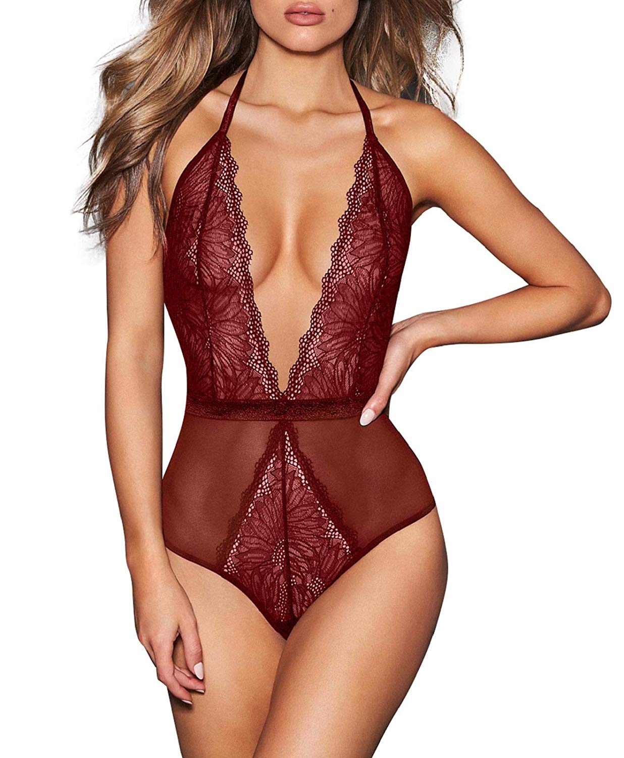 Price:$10.99    AnloveKiss Women Sexy Lingerie-Deep V Neck Backless Halter Teddy Bodysuit Perspective Lace Babydoll Underwear  Clothing