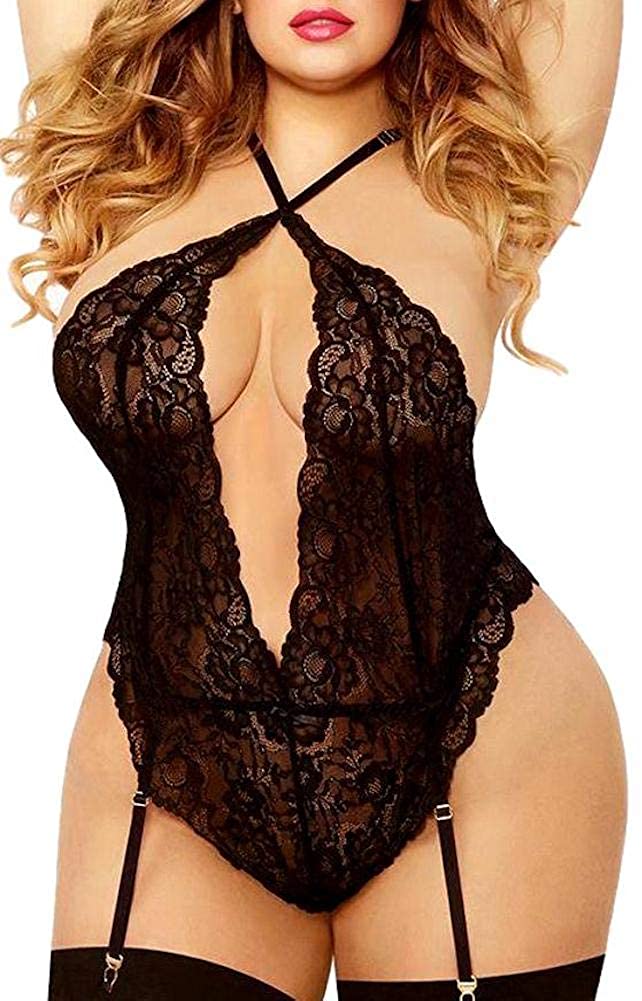 Price:$15.88    Plus Size Lingerie for Women, Twisted Keyhole Opening High Criss-Cross Plunging Lace Trim Teddy(Black, 4XL, 329e)  Clothing