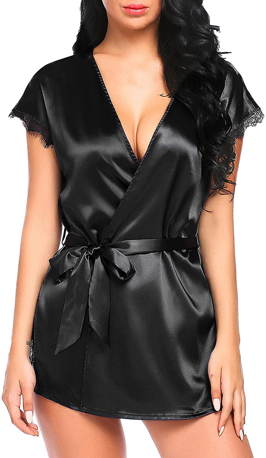 Price:$15.99 Avidlove Women Lingerie Robe Satin Lace Trim Sexy Kimono Robes with Inside Ties at Amazon Women’s Clothing store