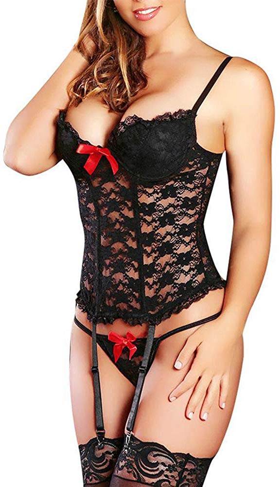 Price:$16.99    Lesfin Sexy Women Corset Garter Belt Lingerie Set Exotic Floral Lace Bodysuit Sleepwear with Stockings  Clothing