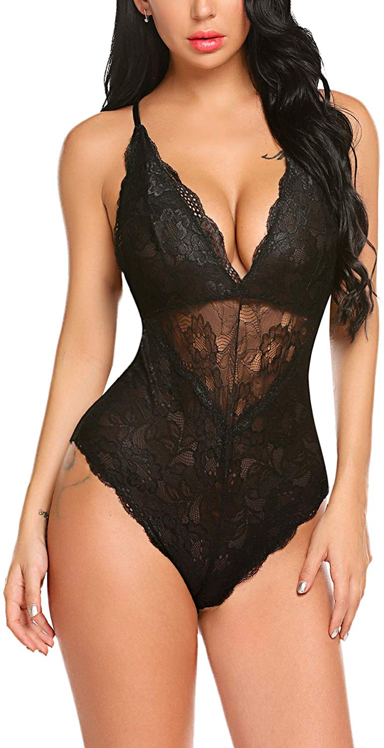 Price:$15.99 Avidlove Women Snap Crotch Lingerie Sexy Lace Bodysuit Deep V Teddy One Piece Lace Babydoll at Amazon Women’s Clothing store