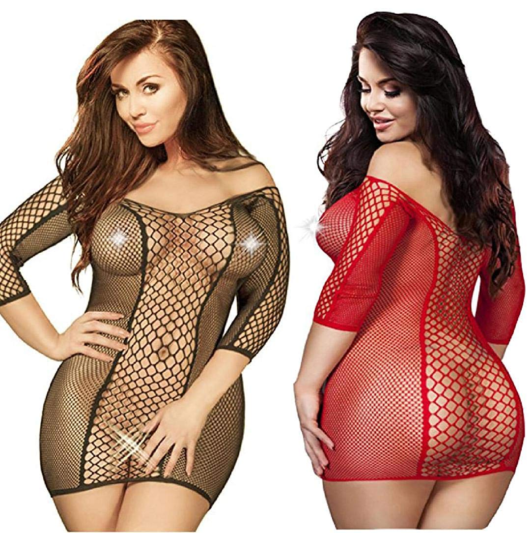 Price:$15.99    LOVELYBOBO 2 Pack Plus Size Women's Seamless Fishnet Chemise Sexy Lingerie Mesh Hole Full Length Sleeves Babydoll (Black+red)  Clothing