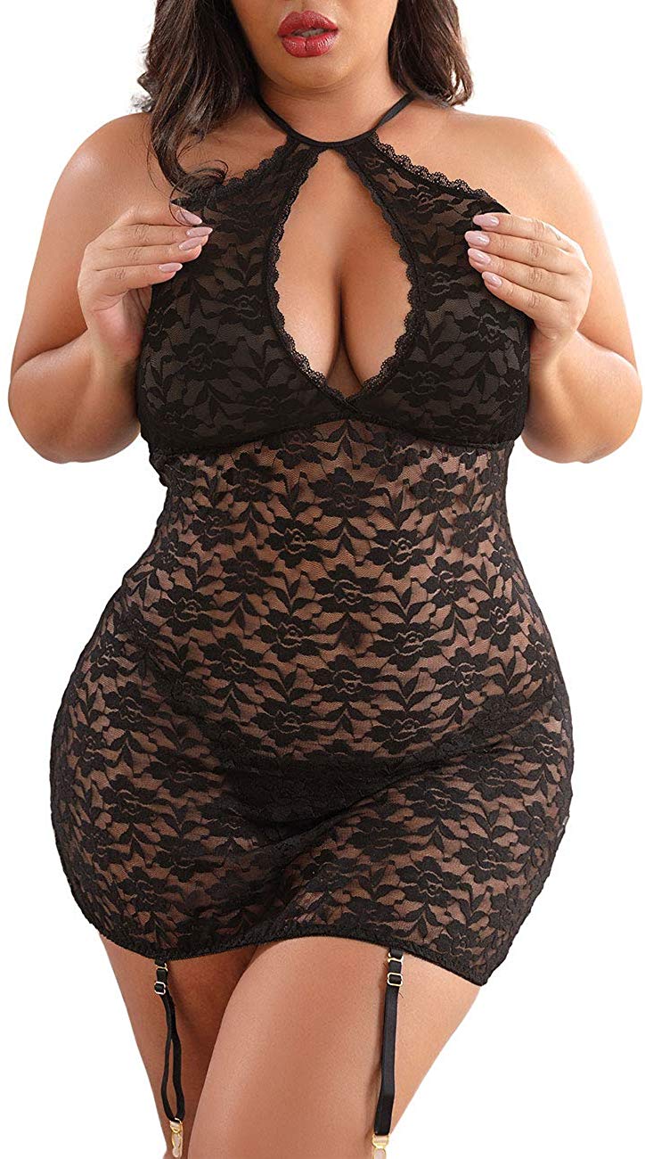 Price:$5.99 XAKALAKA Women's Halter Plus Size Lace Lingerie Keyhole Mesh Stretch Babydoll Chemise with Garters at Amazon Women’s Clothing store