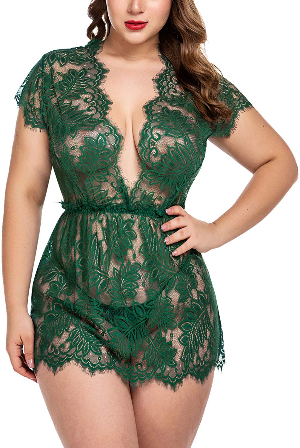 Price:$15.59    Avidlove Women Sexy Lingerie Eyelash Lace Babydoll Deep V Nightwear Mesh Sheer Chemises  Clothing