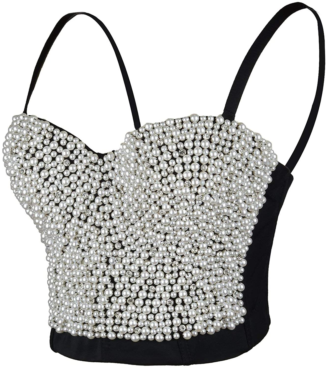 Price:$34.99 ELLACCI Sexy Pearls Beaded Rhinestone Bustier Crop Top Push up Corset Top with Detachable Straps Black X-Small at Amazon Women’s Clothing store