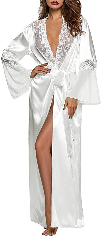 Price:$23.99 XAKALAKA Womens Long Robe Kimono Satin Gown Lingerie White XXL at Amazon Women’s Clothing store