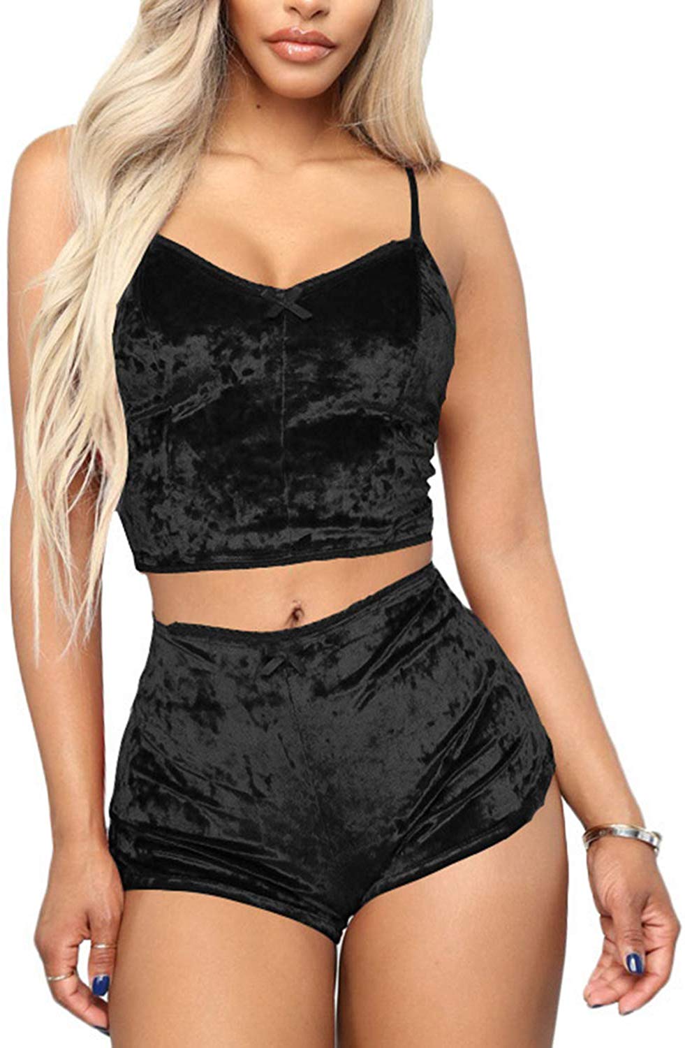 Price:$17.99 2 Piece Sexy Lingerie Set for Women Velvet Pajamas Sleepwear Cami and Shorts Nightwear Lace Camisole Sets Strappy Babydoll (S, 00-Black) at Amazon Women’s Clothing store