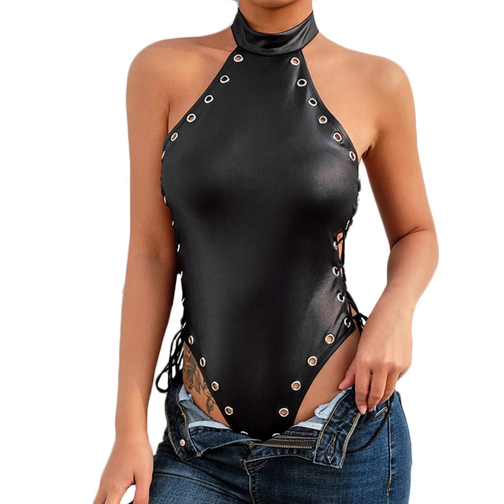 Price:$0.01    Women Sexy Black Leather Lingerie Bodysuits, Black,   Clothing