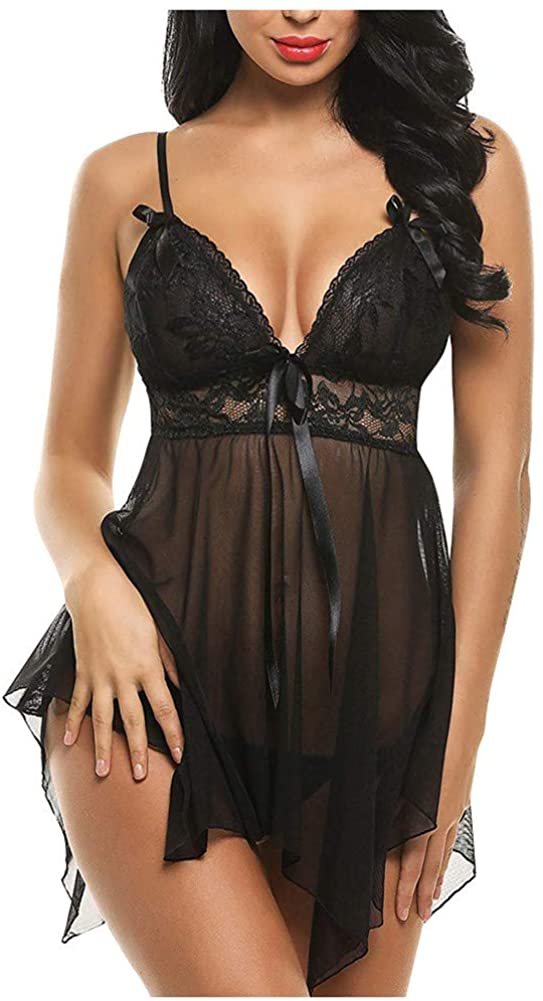 Price:$0.01    Plus Size Lingerie for Women Women Lingerie Lace Babydoll Strap Chemise Halter Teddy V Neck Sleepwear Black  Clothing