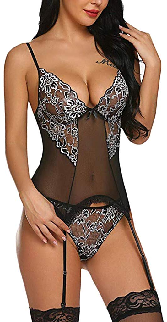 Price:$0.01 Hessimy Women Lingerie Set Lace Teddy Strap Babydoll Bodysuit with Garter Belts 3.8 Out of 13 Stars Black at Amazon Women’s Clothing store