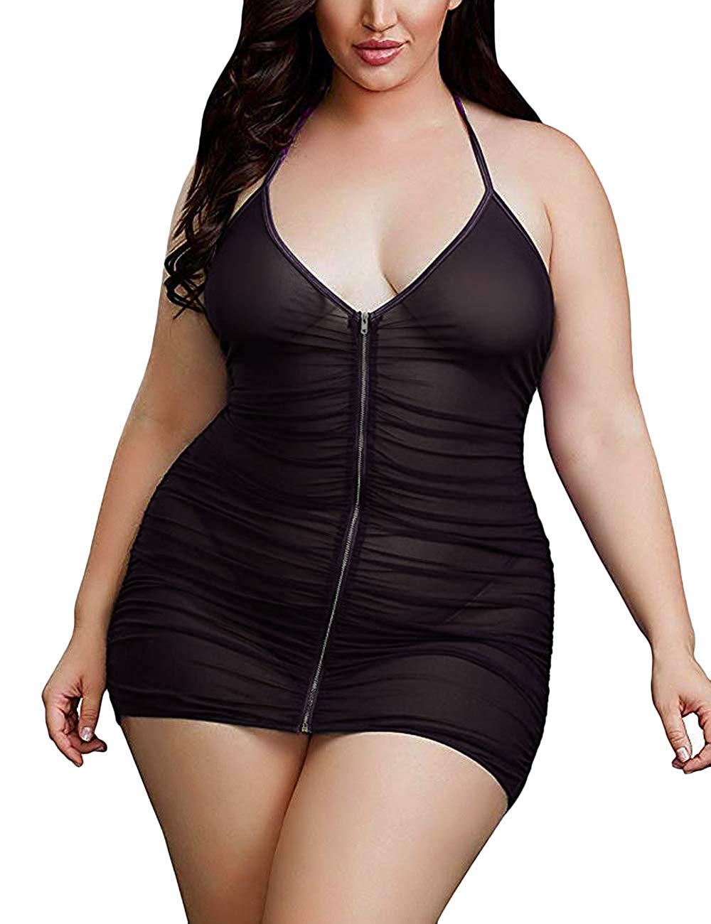 Price:$17.99    Plus Size Sheer Stretch Mesh Babydoll Dress Zipper Shirring Halter Chemise Curvy Sexy Lingerie for Women(Black, XXL)  Clothing