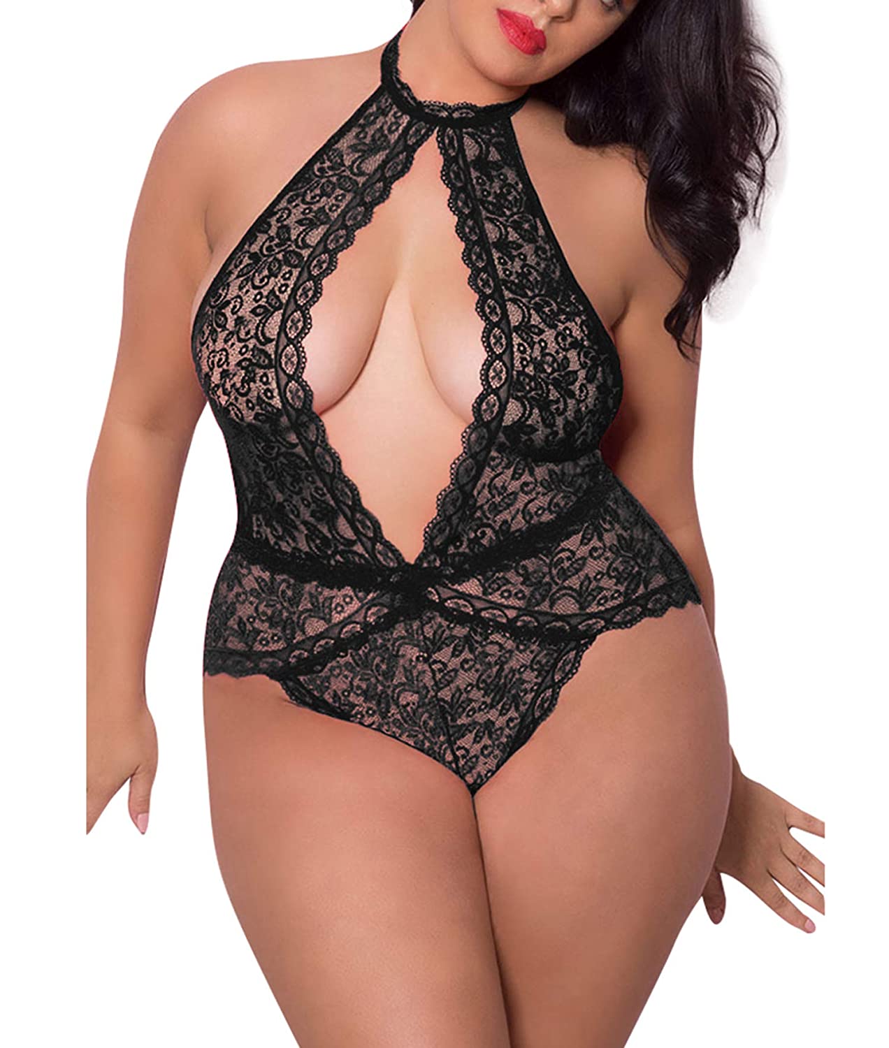 Price:$7.99    AnloveKiss Women Sexy Lingerie Nightie - Plus Size Lingerie Lace Babydoll Halter ChemisTeddy Bodysuit XL-4XL  Clothing