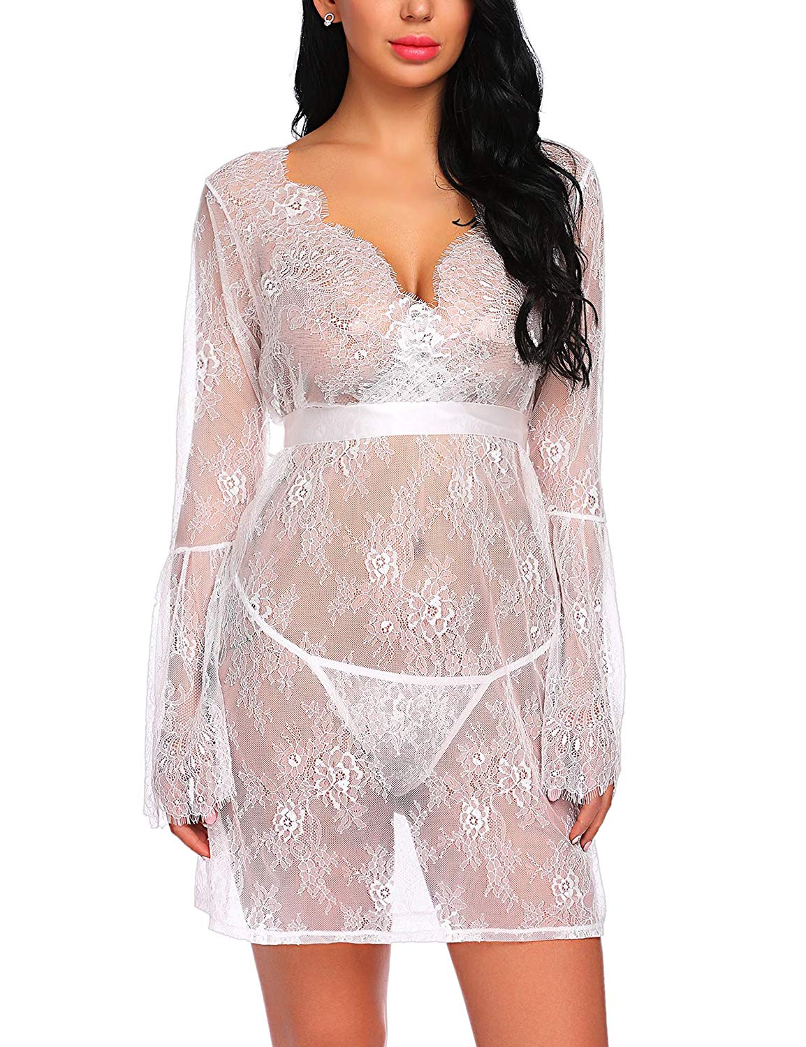 Price:$6.99 Avidlove Women Lingerie Open Front Babydoll Lace Chemise Sleepwear Sheer Mesh Robe (S, White Style 3) at Amazon Women’s Clothing store