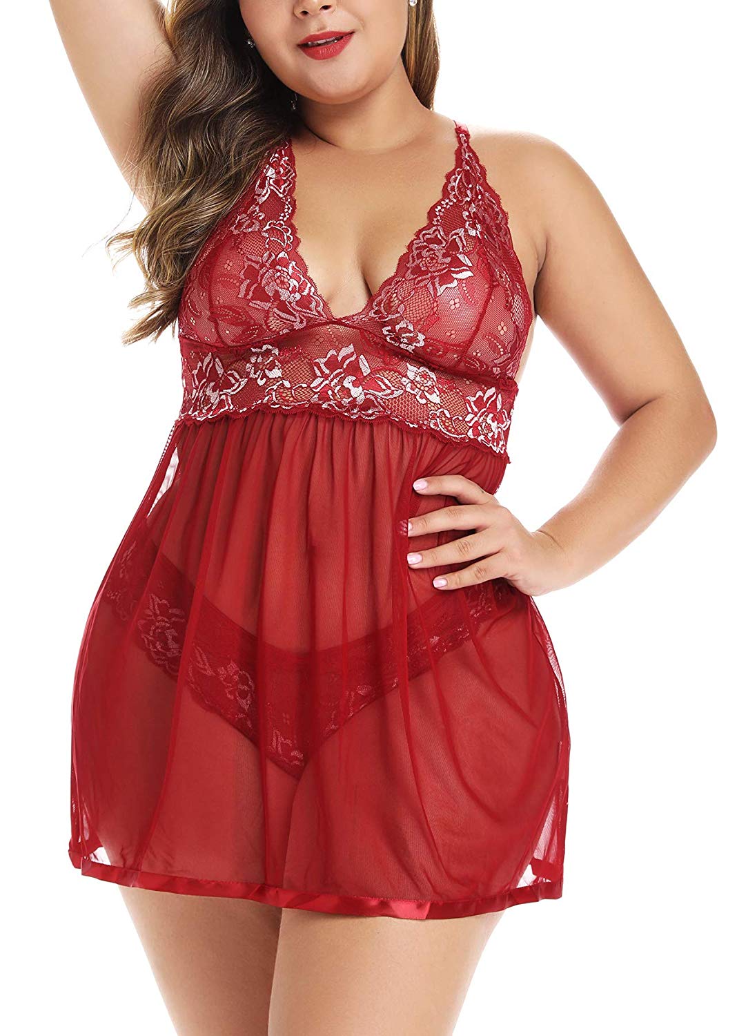 Price:$14.48 JuicyRose Open Back Lingerie Babydoll Lace Sleepwear Plus Size L-5XL at Amazon Women’s Clothing store
