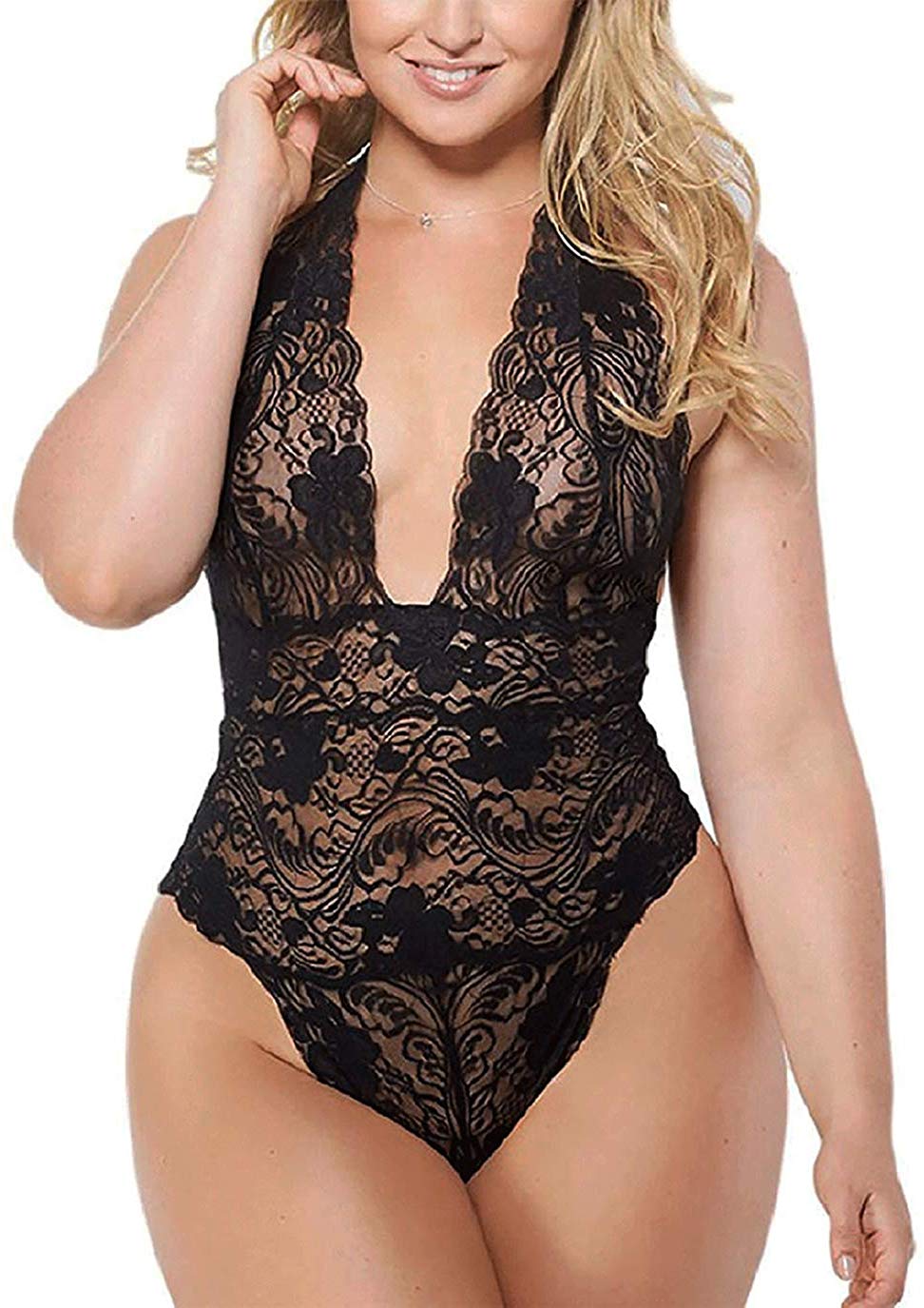 Price:$13.88    Plus Size Lace Teddy Sleepwear, Halter Plunging One-Piece Lingerie  Clothing