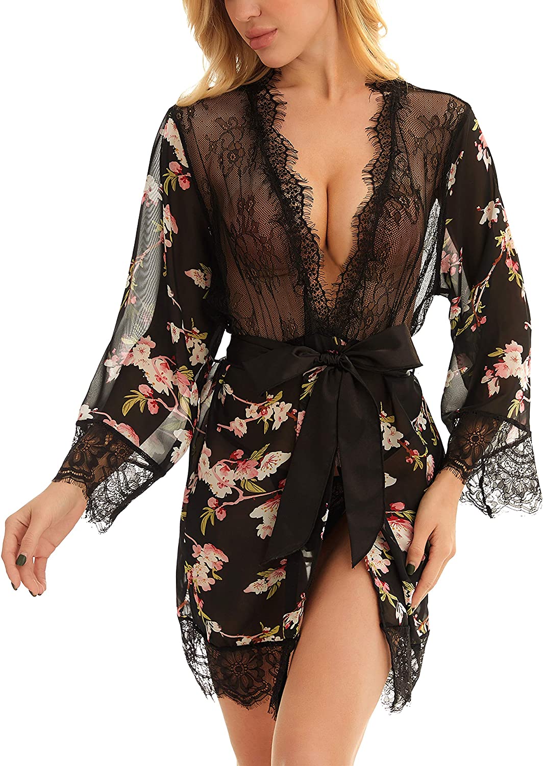 Price:$15.99 Lomitti Women's Printed Chiffon Lace Kimono Robe Sexy Nightgown Babydoll Lingerie (M, Black) at Amazon Women’s Clothing store