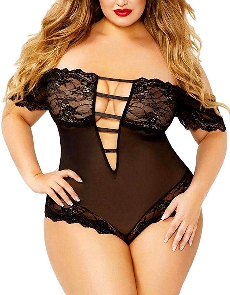Price:$15.88    Plus Size Lingerie for Women, Sexy Off-Shoulder See Through Sheer Mesh Plunging Lace Trim Teddy  Clothing