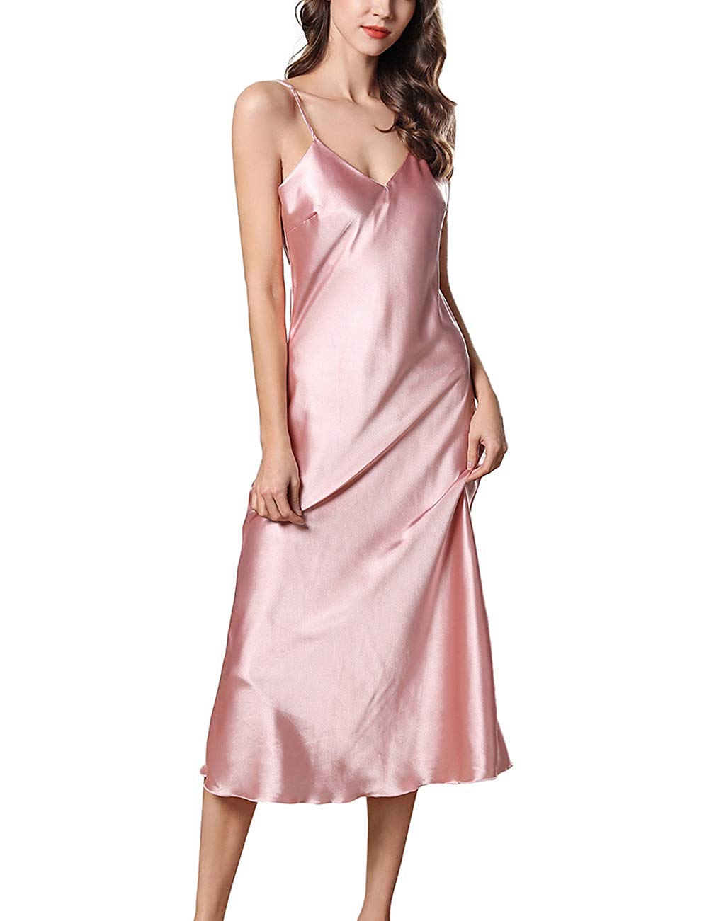 Price:$19.99 JOYMODE Women Lingerie Satin Long Nightgown Sexy Full Slips Sleepwear Pajama Silk Pink at Amazon Women’s Clothing store