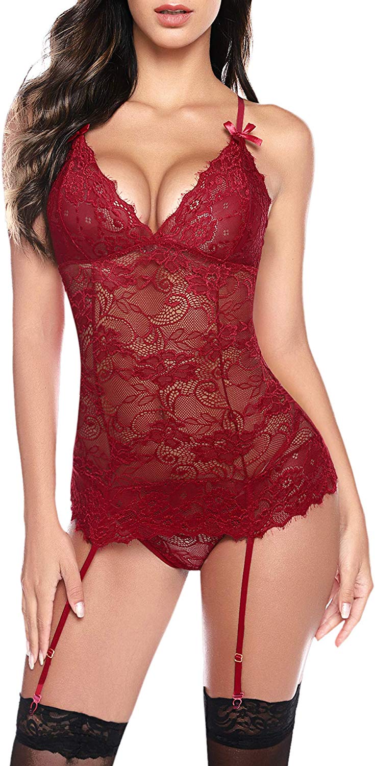 Price:$14.99    Popbee Lingerie for Women with Garter Sexy Teddy Lingerie Lace Bustier Bodysuit Set Wine Red XX-Large  Clothing