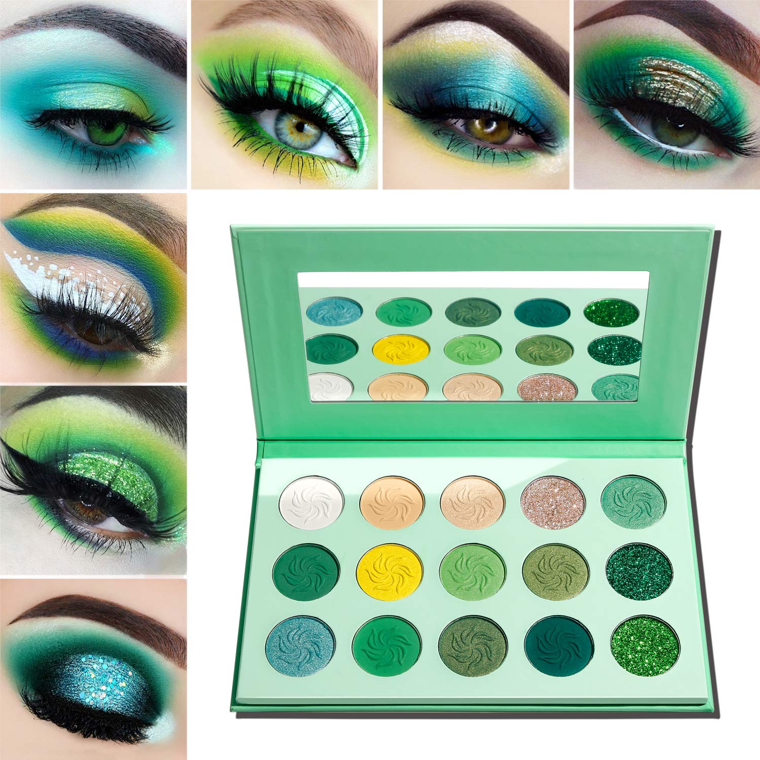 Price:$9.99     Green Eyeshadow Palette Matte and Glitter, Afflano Highly Pigmented Pro Makeup Palettes Eye shadow Yellow Nude 15 Colors, Creme Shimmer Metallic Sparkle Travel Vegan Cruelty Free Eyeshadow Pallet   Beauty