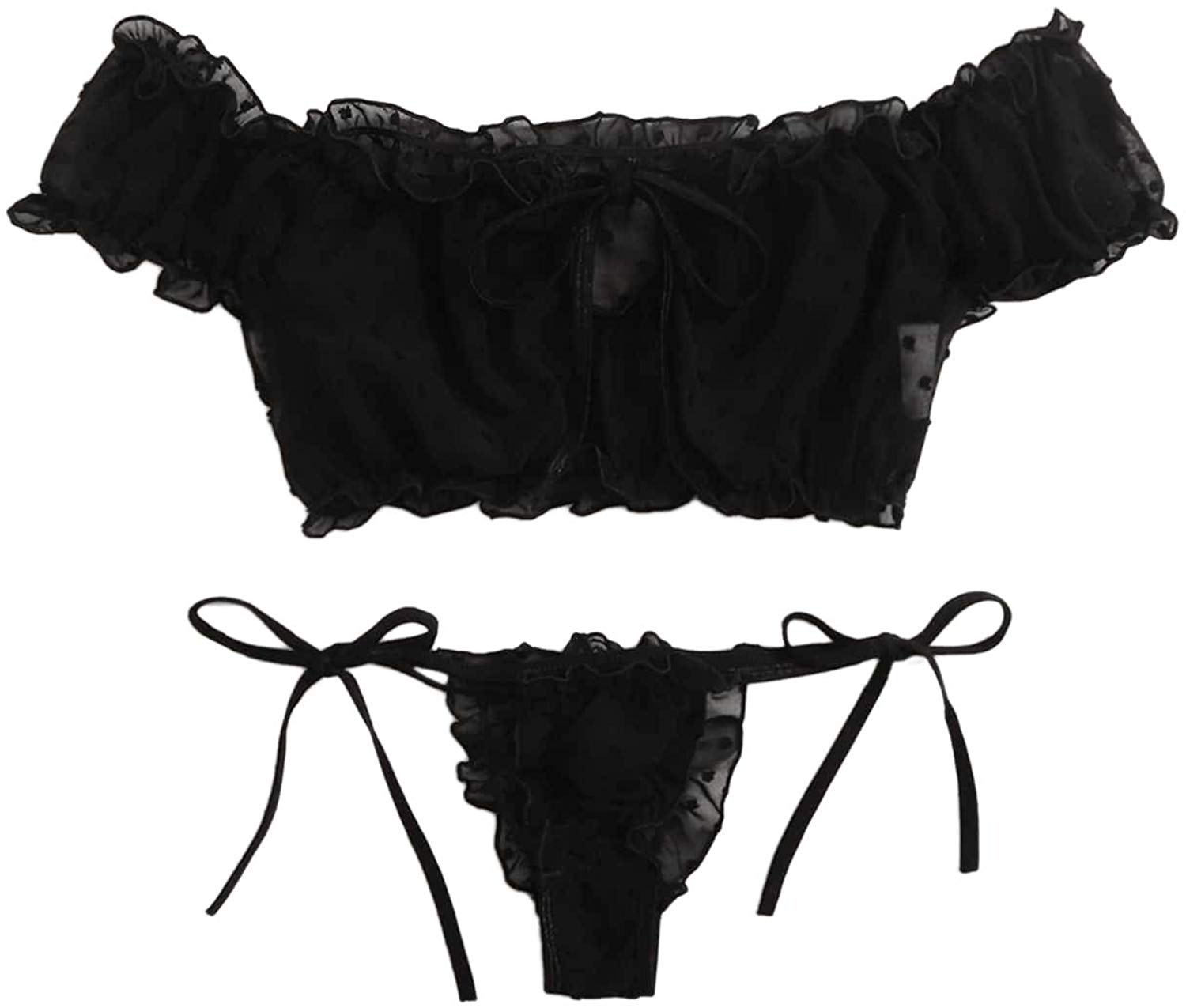 Price:$17.99    SheIn Women's Self Tie Ruffle Trim Dobby Mesh Lingerie Set Sexy Bra and Panty Black Small  Clothing
