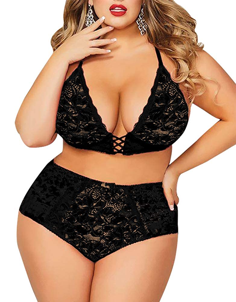 Price:$18.88    Plus Size Lingerie Set for Women, Sexy Crushed Velvet Mesh Lace Up Halter Bralette & High Waist Panty (Black, L, 325a)  Clothing
