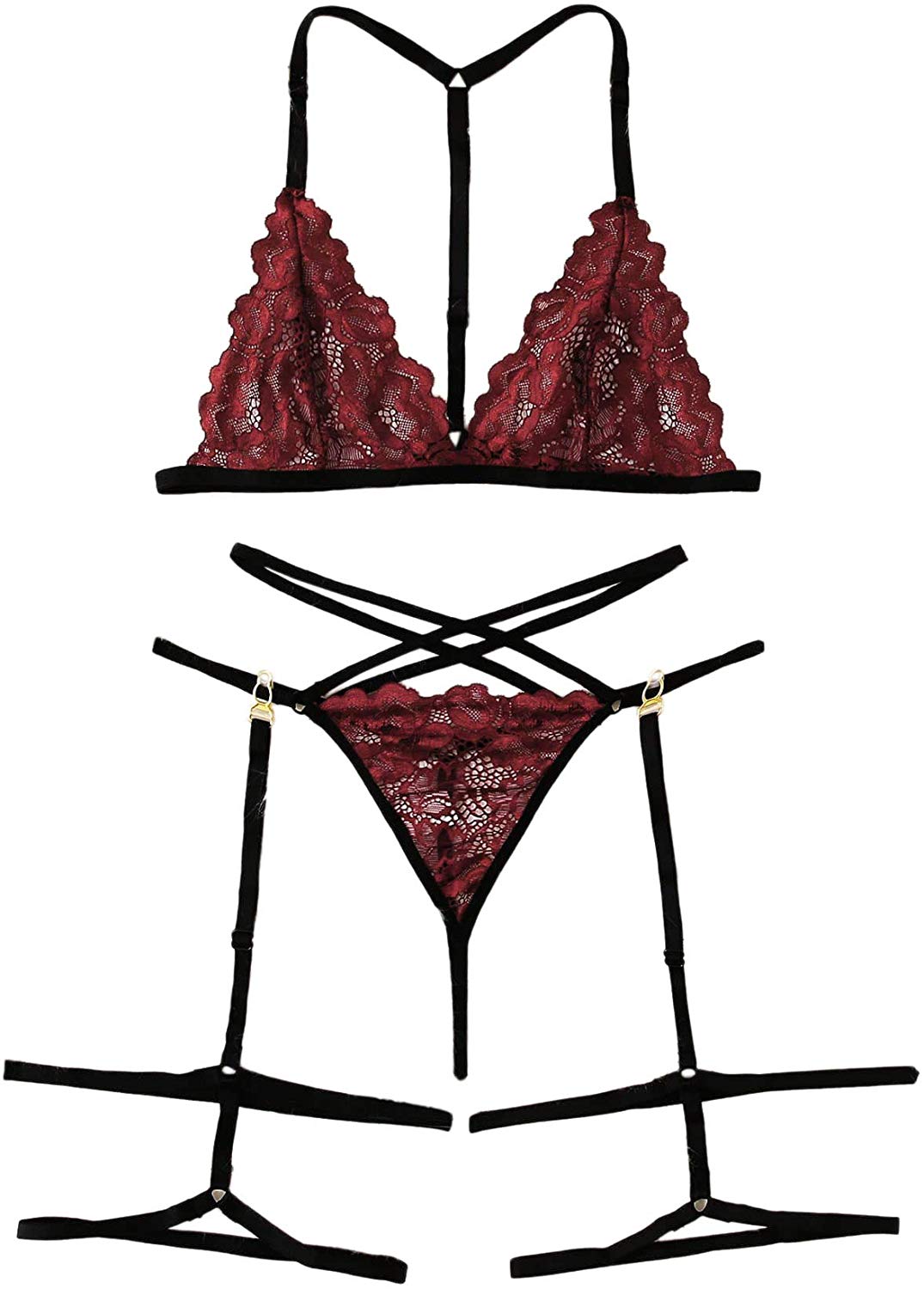 Price:$20.99    WDIRARA Women's Sexy Floral Lace Scalloped Trim Wireless Panty Lingerie Set Burgundy S  Clothing