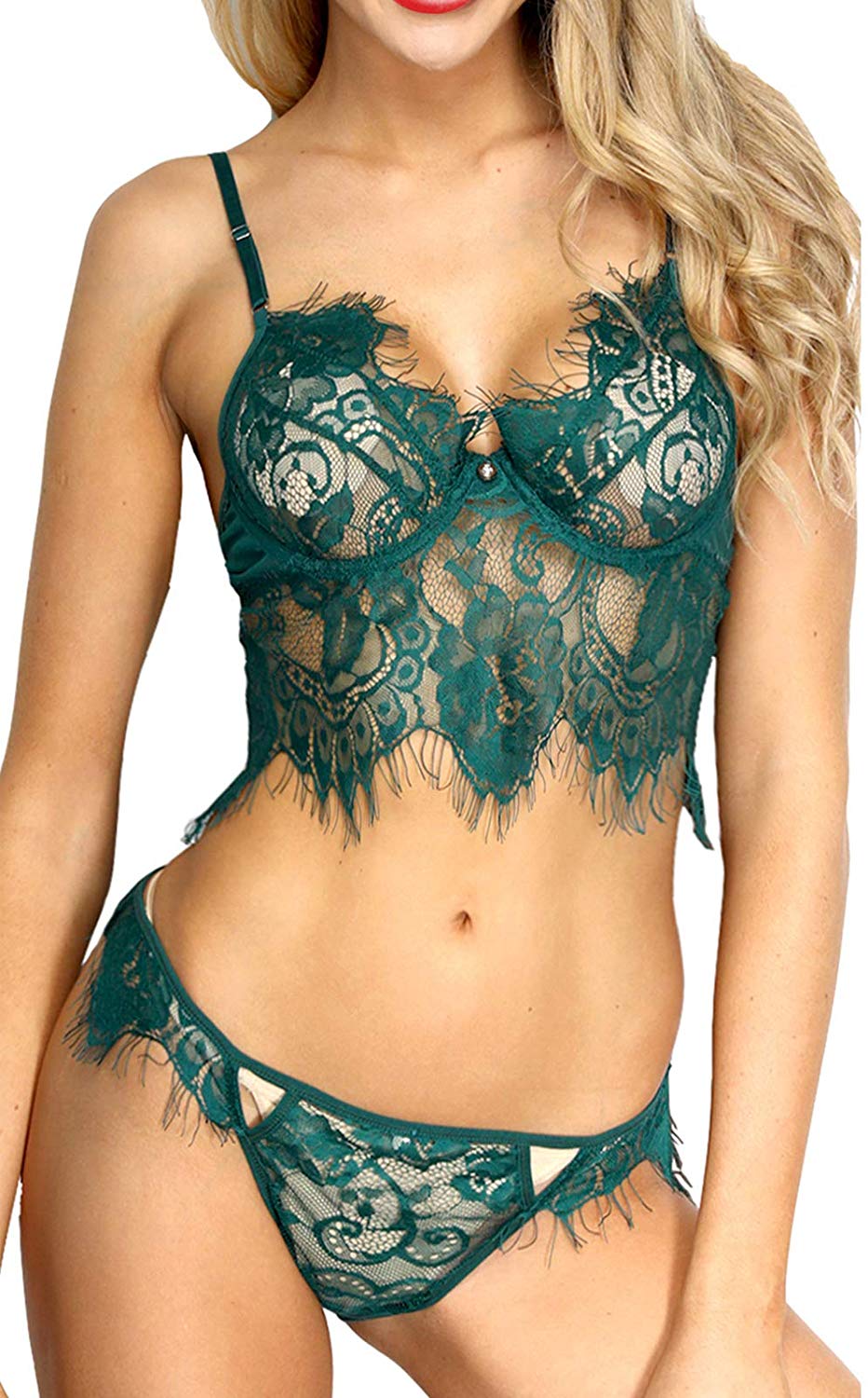 Price:$16.99    The Victory of Cupid Women 2-Pc Floral Lace Underwear Lingerie Straps Bralette And Panty Set (S, Dark green)  Clothing
