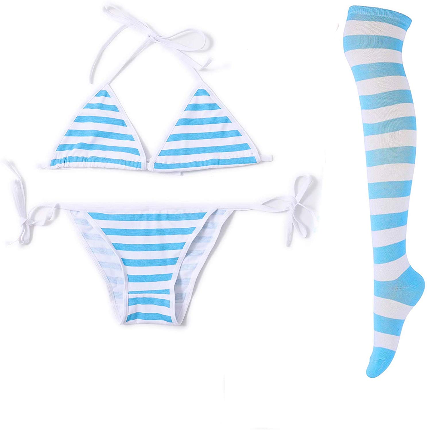 Price:$13.99    Sexy Lingerie Set Blue Stripe Bikini for Women with Blue White Striped Thigh High Socks, Japanese Anime Cosplay Lingerie Kawaii Bra and Panty Set  Clothing