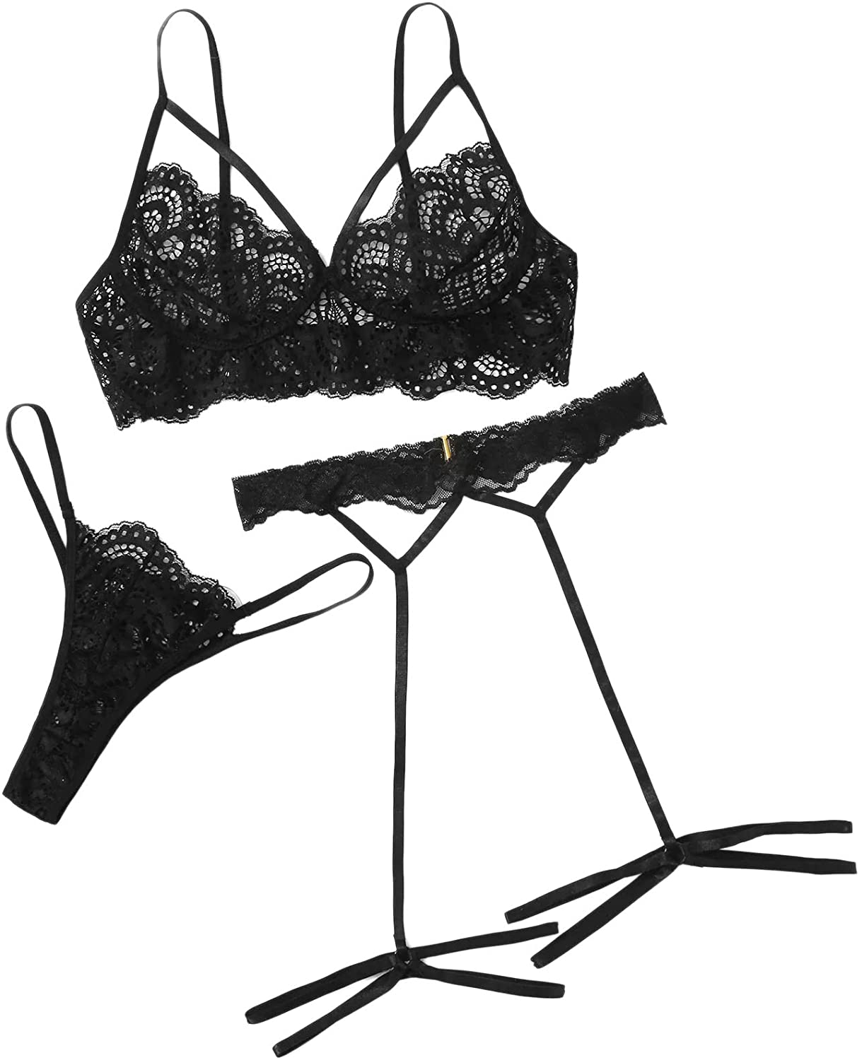 Price:$15.99 SheIn Women's Sexy Lace Garter Lingerie Set Push Up Bra Underwear Garter 3 Piece Black Small at Amazon Women’s Clothing store