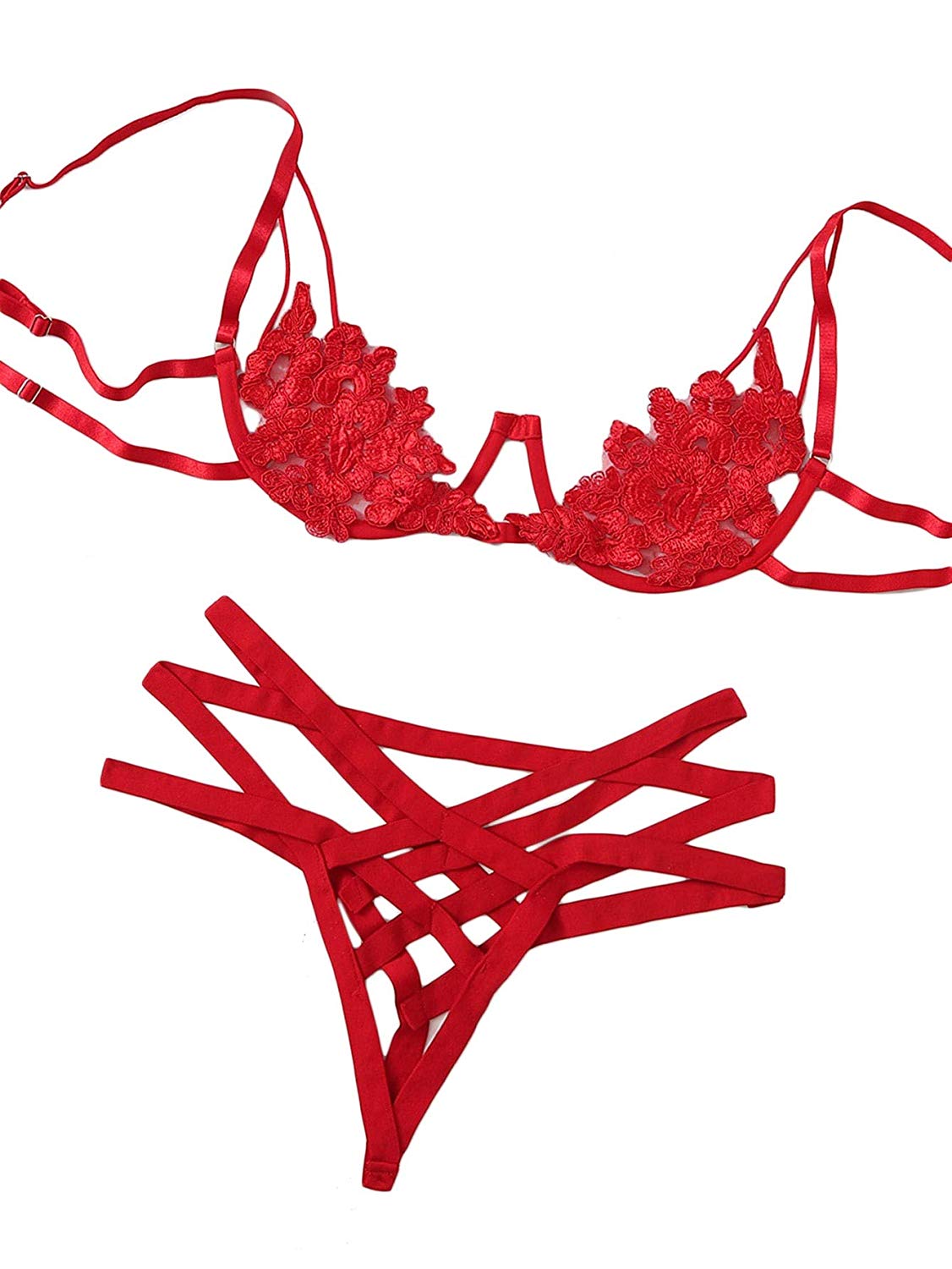 Price:$16.99    SheIn Women's Floral Cut Out Lingerie Bra and Panty Set Lace Sexy Two Piece Small Red  Clothing