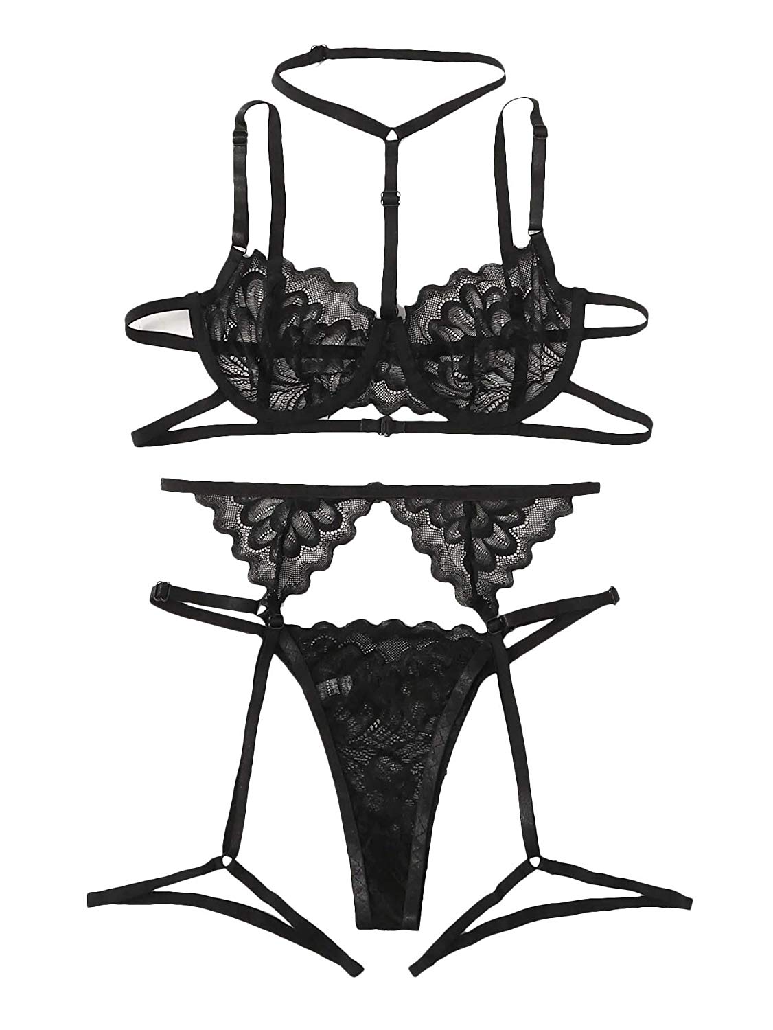 Price:$16.99    SheIn Women's Floral Lace Embroideried Sheer Garter Lingerie Set with Choker Small Black  Clothing