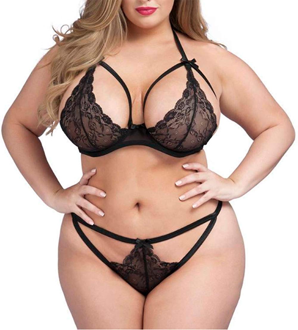 Price:$10.99 FlatterMe Women's Plus Size Lingerie Set Lace Strappy Halter Bra Underwear Suit(LP034, Black, S) at Amazon Women’s Clothing store