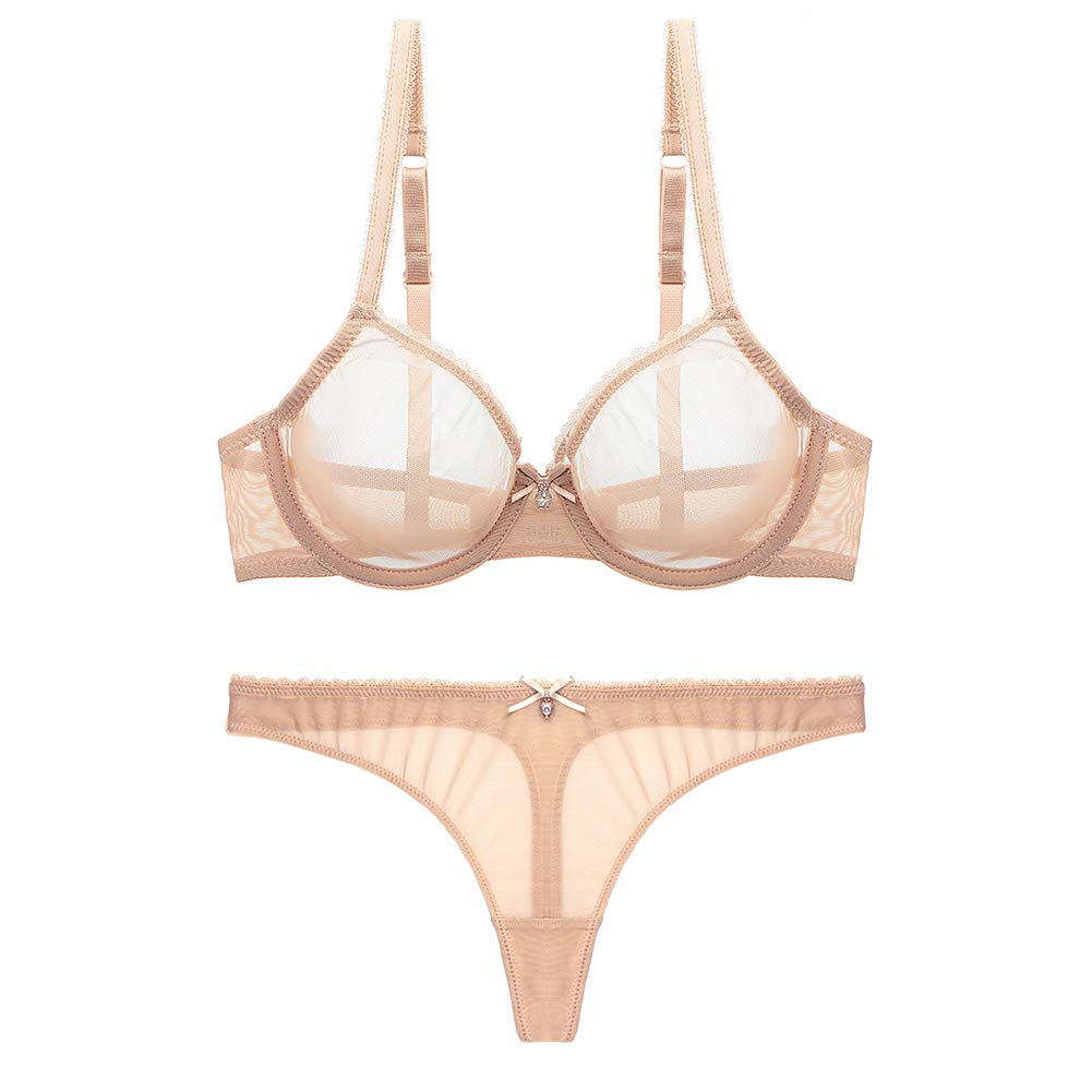 Price:$18.99    varsmiss Women See Through Mesh Bra and Thong Set Transparent Sexy Underwear (32B, Beige)  Clothing