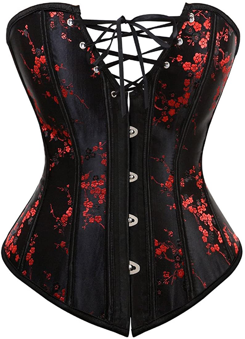 Price:$18.99    Zhitunemi 6180 Women's Elegant Black Red Oriental Style Lace Through Top Floral Overbust Corset Small Black Red  Clothing
