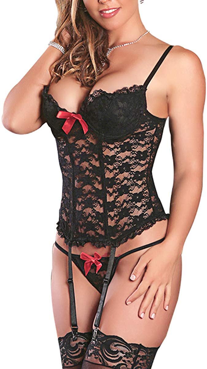Price:$16.99    EVAbaby Sexy Corset Garter Belt Lingerie Set for Women Exotic Floral Lace Camisole Sleepwear (S, Black)  Clothing