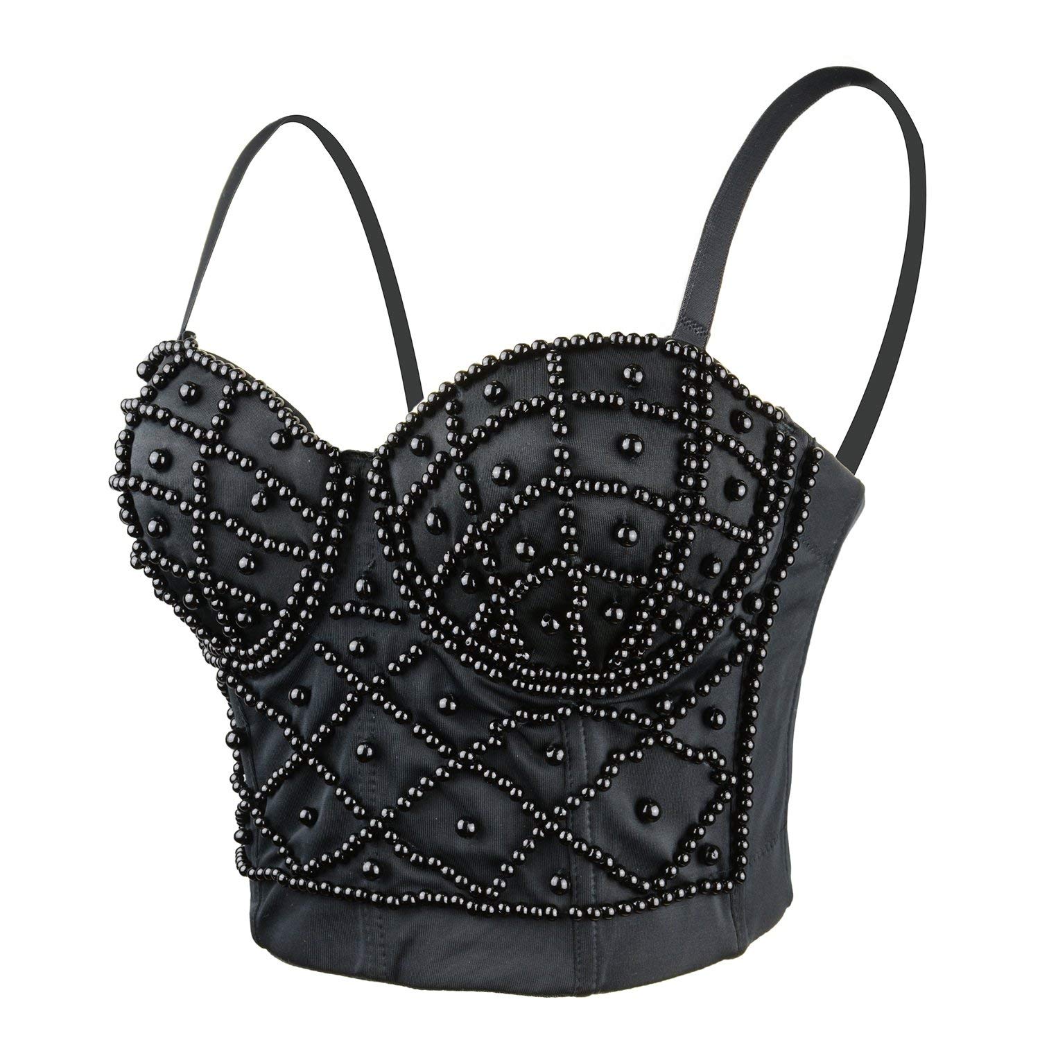 Price:$26.99    ELLACCI Sexy Pearls Beaded Bustier Corset Crop Top Club Party Cage Bra Black X-Small  Clothing