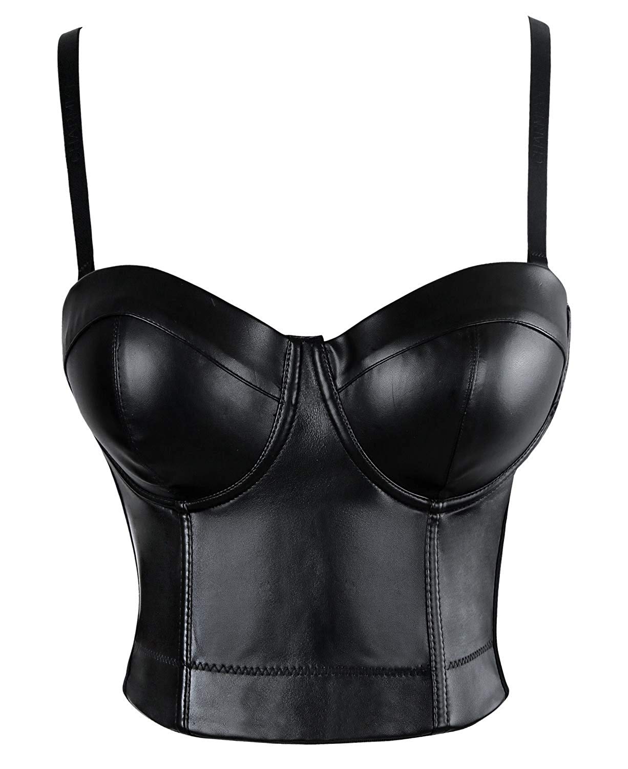 Price:$24.49    Charmian Women's Spaghetti Straps PU Leather Bustier Crop Top Black Small  Clothing