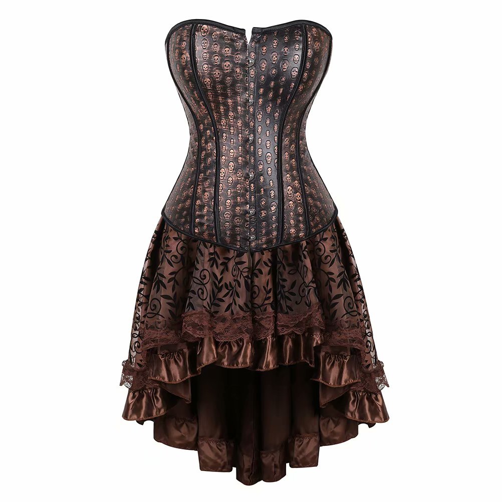 Price:$43.98    Leather Corset Dress Bustier Skirt Set Steampunk Skull Halloween Pirate Gothic Brown S  Clothing