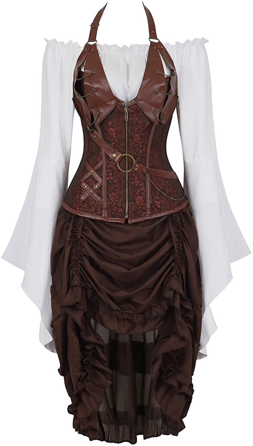 Price:$52.89    Grebrafan Steampunk Leather Corset Halter Bustier with Skirt and Pirate Blouse (US(4-6) S, Brown)  Clothing