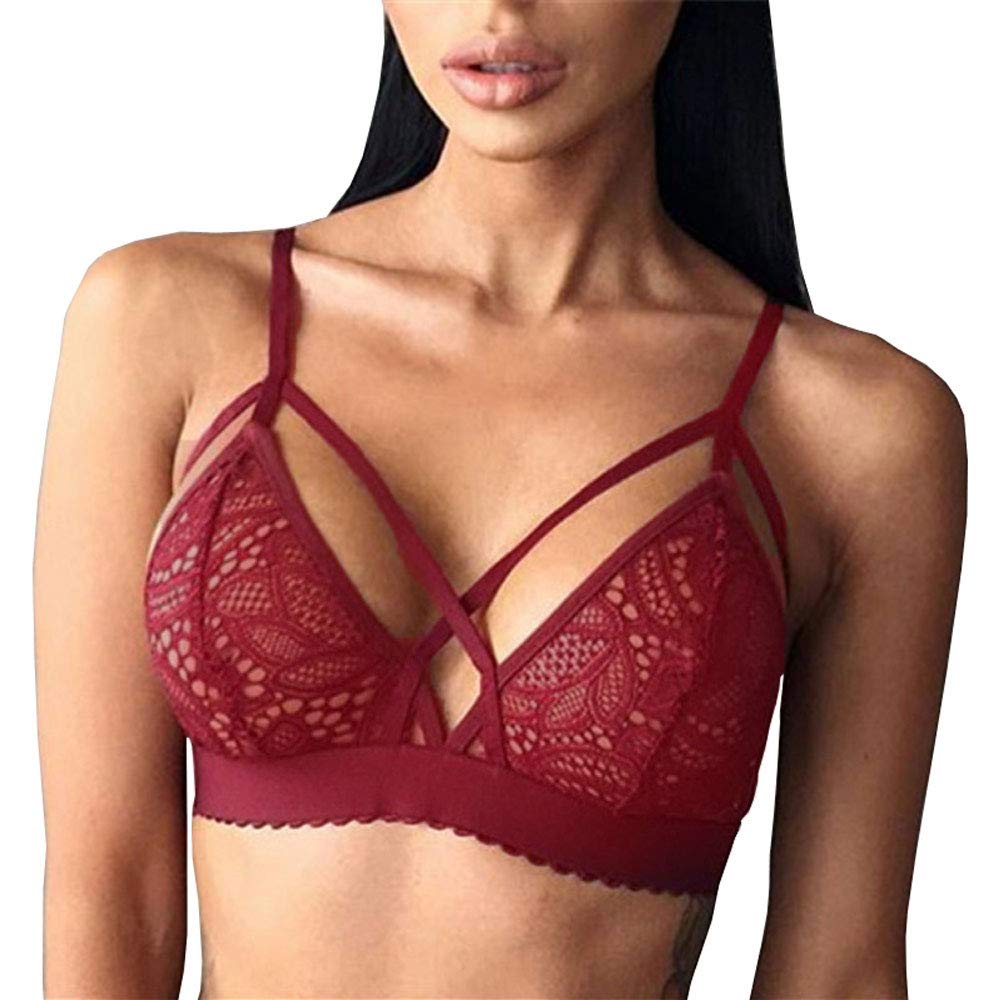 Price:$10.99 Buitifo Women Lace Bra Sexy Bralette Strappy Soft Bustier Lingerie (S, Red 2) at Amazon Women’s Clothing store