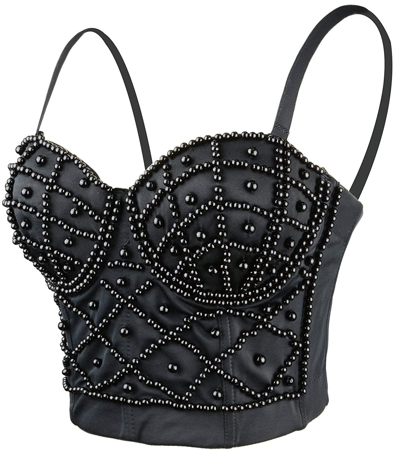 Price:$26.99    ELLACCI Sexy Pearls Beaded Bustier Corset Crop Top Club Party Cage Bra Black X-Small  Clothing