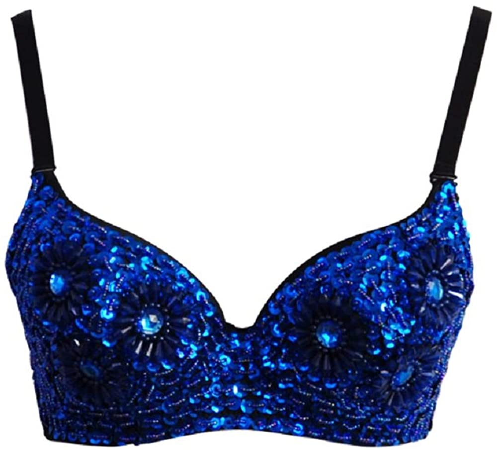 Price:$18.99 Senchanting Women's Steampunk Beading Club Sequin Sexy Bra Dance Bikini Tops(Blue, S) at Amazon Women’s Clothing store
