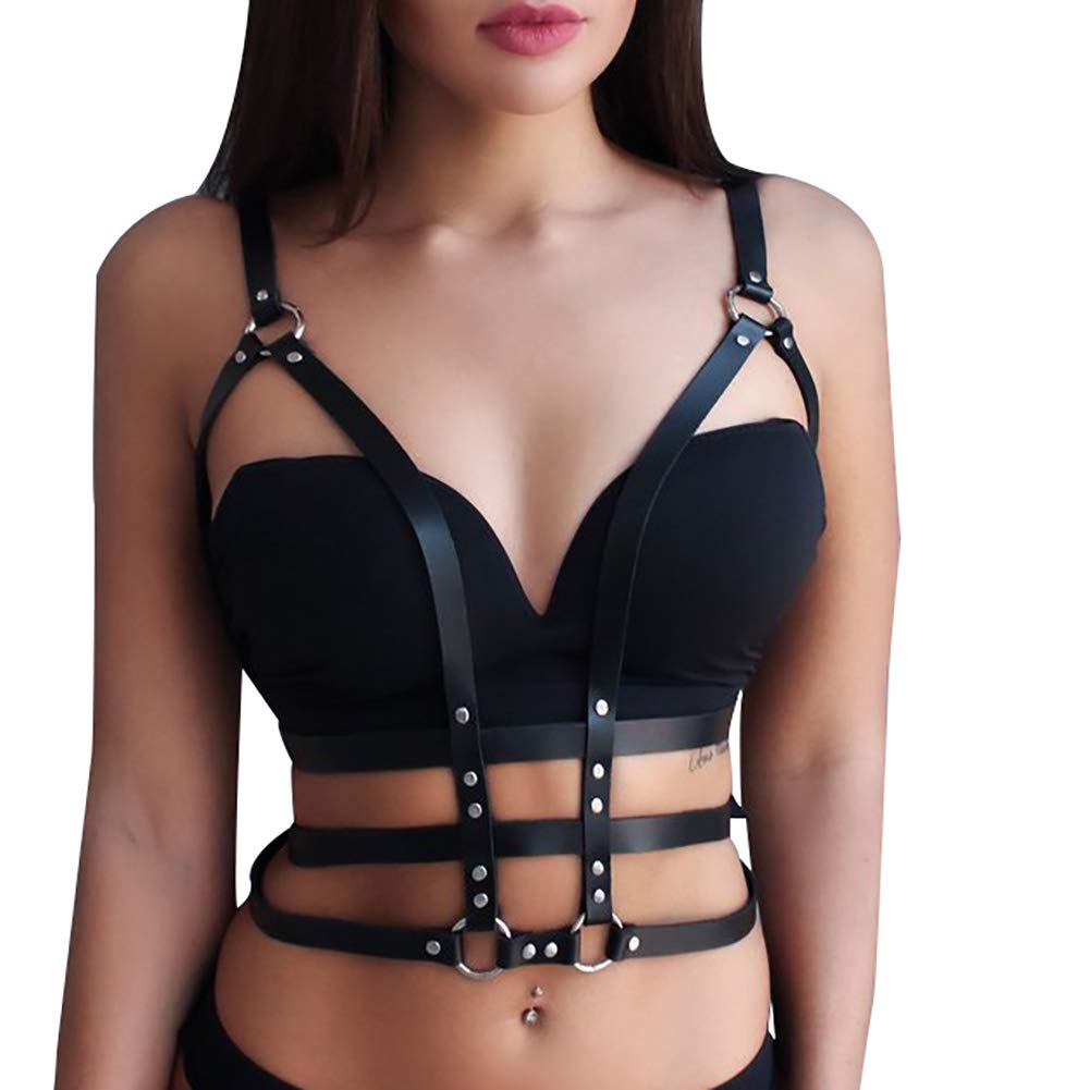 Price:$19.99    Leather Body Chest Straps Punk Harness Caged Waist Belt Gothic Body Chain Strappy Adjustable for Women(PW002)  Clothing