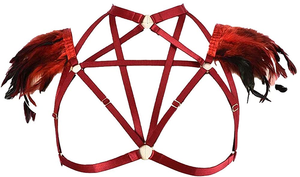 Price:$14.99    Feather Harness Bra Feather Strapped Adjustable Elastic cage Bra (red)  Clothing