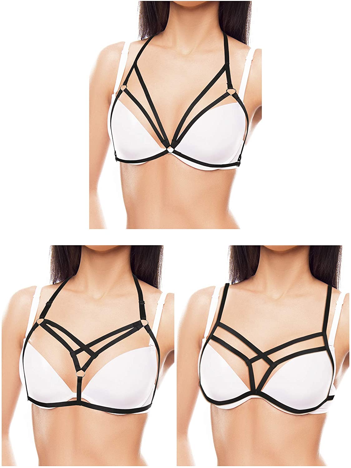 Price:$13.99    Boao 3 Pieces Women Strappy Harness Hollow Out Body Cross Cage Bra Cupless Lingerie for Women Girls Supplies (Style Set 1)  Clothing