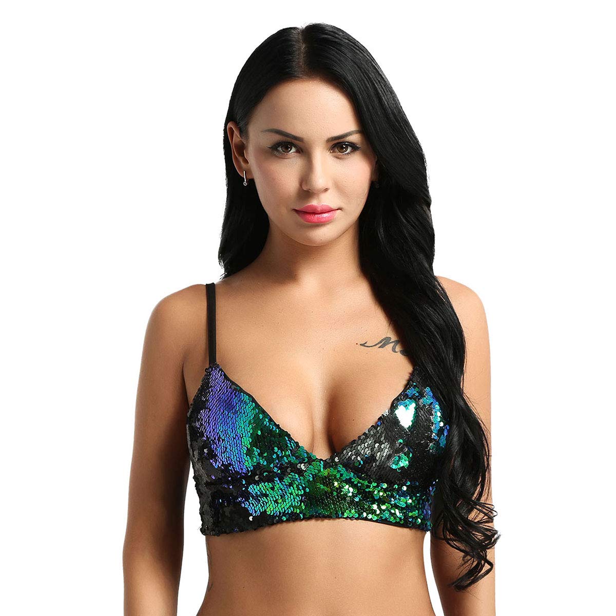 Price:$17.95    MSemis Women Sequins Glitter Sparkle Wirefree Bra Bustier Shiny Bralette Rave Dance Crop Top Tank Green Small  Clothing