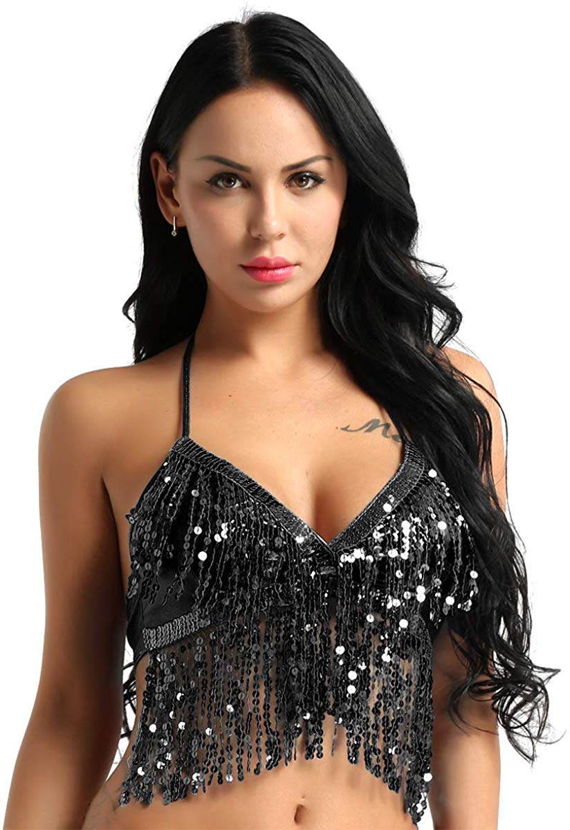 Price:$6.99    CHICTRY Women's Glitter Sparkle Sequins Bally Dance Beaded Bra Top Leather Clubwear Black One Size  Clothing