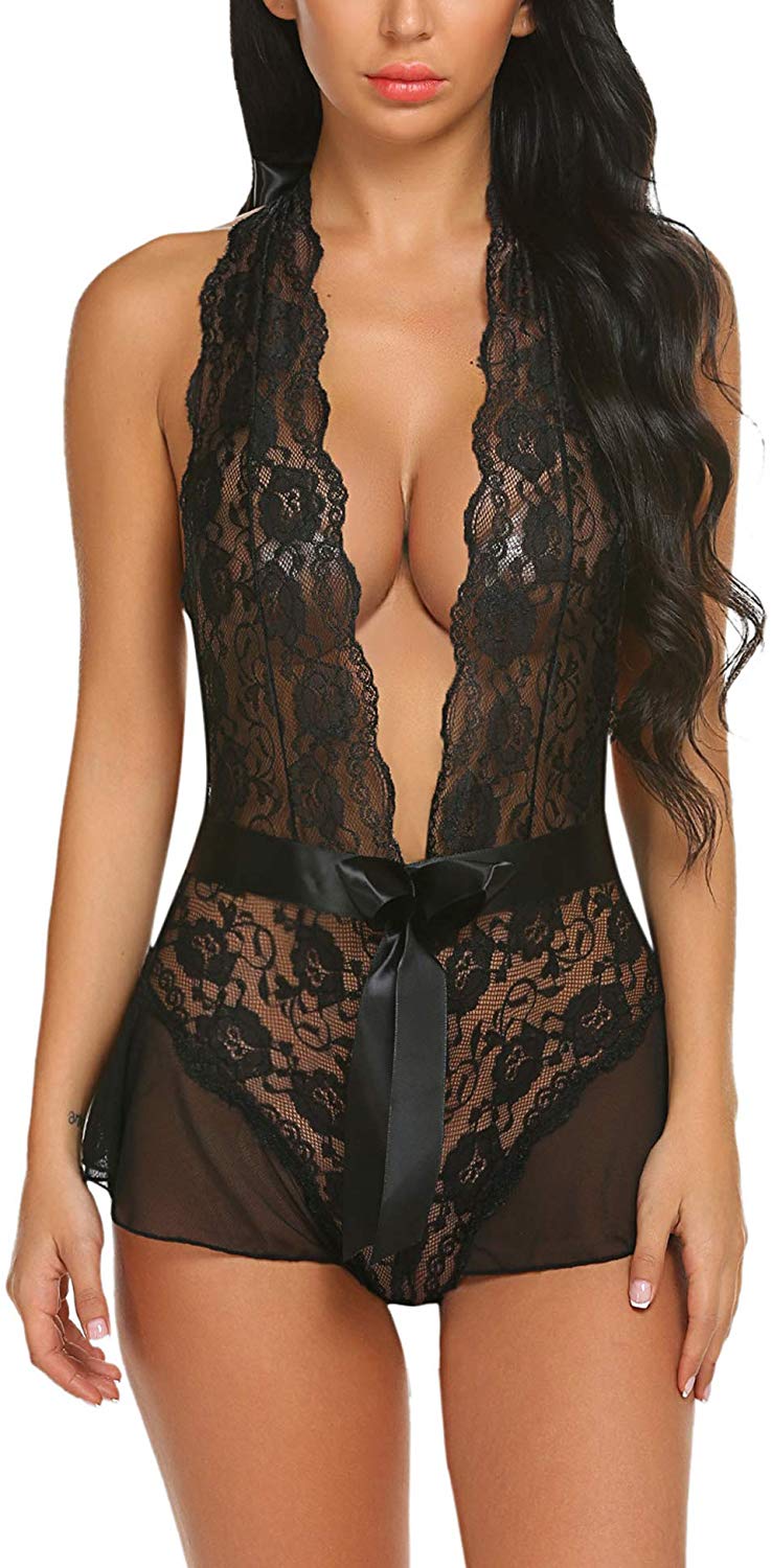 Price:$16.99    Avidlove Open Back Halter Plunging Teddy Lace Lingerie Bodysuit One Piece Babydoll Black Small  Clothing
